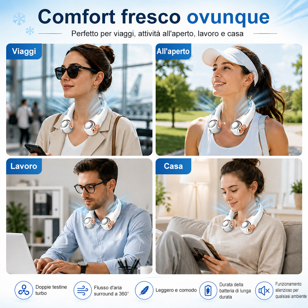 🍃 Ventilatore da Collo con Effetto Aria Condizionata – Ultra silenzioso, rotazione a 360°, 3 velocità. Raffrescamento a mani libere, batteria a lunga durata. L'accessorio indispensabile per l'estate!