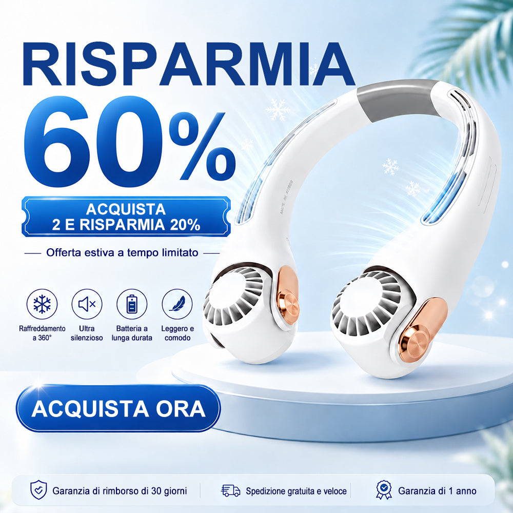 🍃 Ventilatore da Collo con Effetto Aria Condizionata – Ultra silenzioso, rotazione a 360°, 3 velocità. Raffrescamento a mani libere, batteria a lunga durata. L'accessorio indispensabile per l'estate!