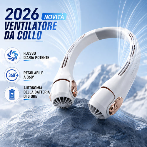 🍃 Ventilatore da Collo con Effetto Aria Condizionata – Ultra silenzioso, rotazione a 360°, 3 velocità. Raffrescamento a mani libere, batteria a lunga durata. L'accessorio indispensabile per l'estate!