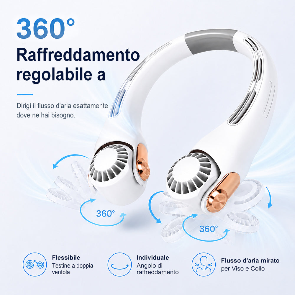 🍃 Ventilatore da Collo con Effetto Aria Condizionata – Ultra silenzioso, rotazione a 360°, 3 velocità. Raffrescamento a mani libere, batteria a lunga durata. L'accessorio indispensabile per l'estate!