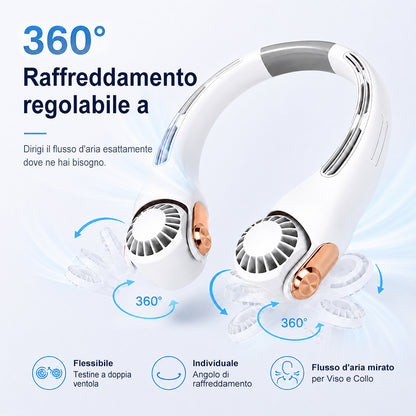 🍃 Ventilatore da Collo con Effetto Aria Condizionata – Ultra silenzioso, rotazione a 360°, 3 velocità. Raffrescamento a mani libere, batteria a lunga durata. L'accessorio indispensabile per l'estate!