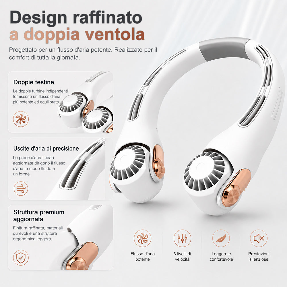 🍃 Ventilatore da Collo con Effetto Aria Condizionata – Ultra silenzioso, rotazione a 360°, 3 velocità. Raffrescamento a mani libere, batteria a lunga durata. L'accessorio indispensabile per l'estate!