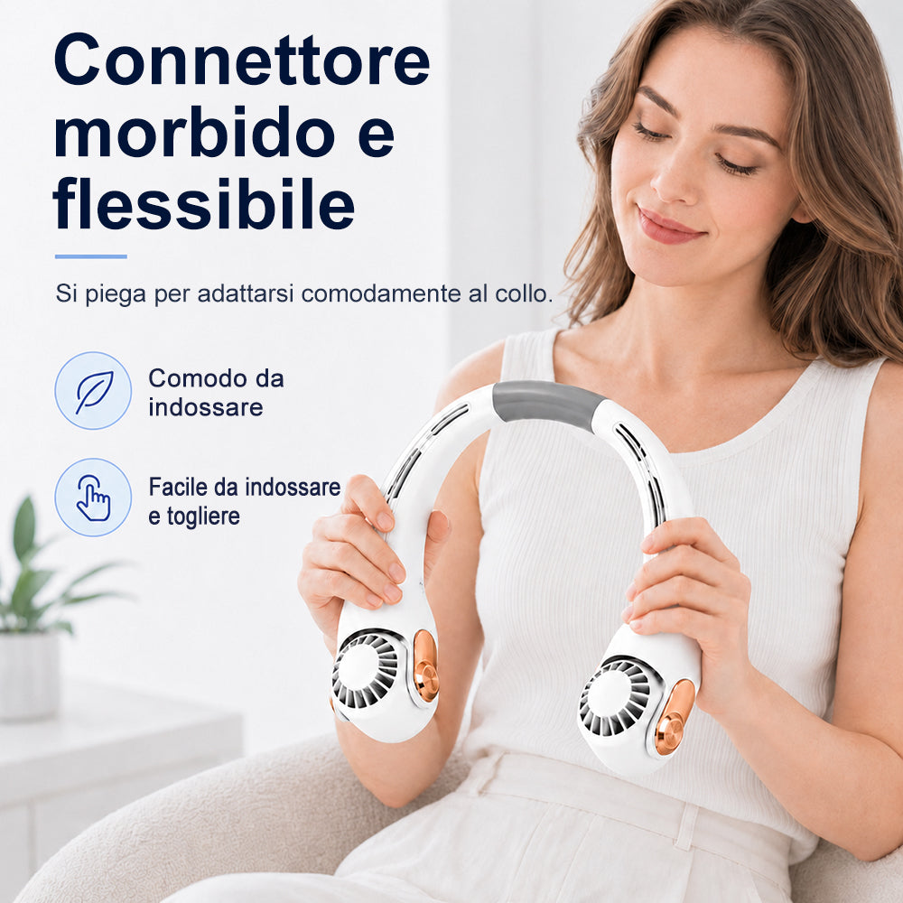🍃 Ventilatore da Collo con Effetto Aria Condizionata – Ultra silenzioso, rotazione a 360°, 3 velocità. Raffrescamento a mani libere, batteria a lunga durata. L'accessorio indispensabile per l'estate!