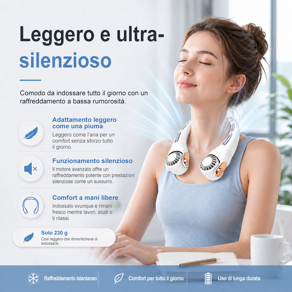 🍃 Ventilatore da Collo con Effetto Aria Condizionata – Ultra silenzioso, rotazione a 360°, 3 velocità. Raffrescamento a mani libere, batteria a lunga durata. L'accessorio indispensabile per l'estate!