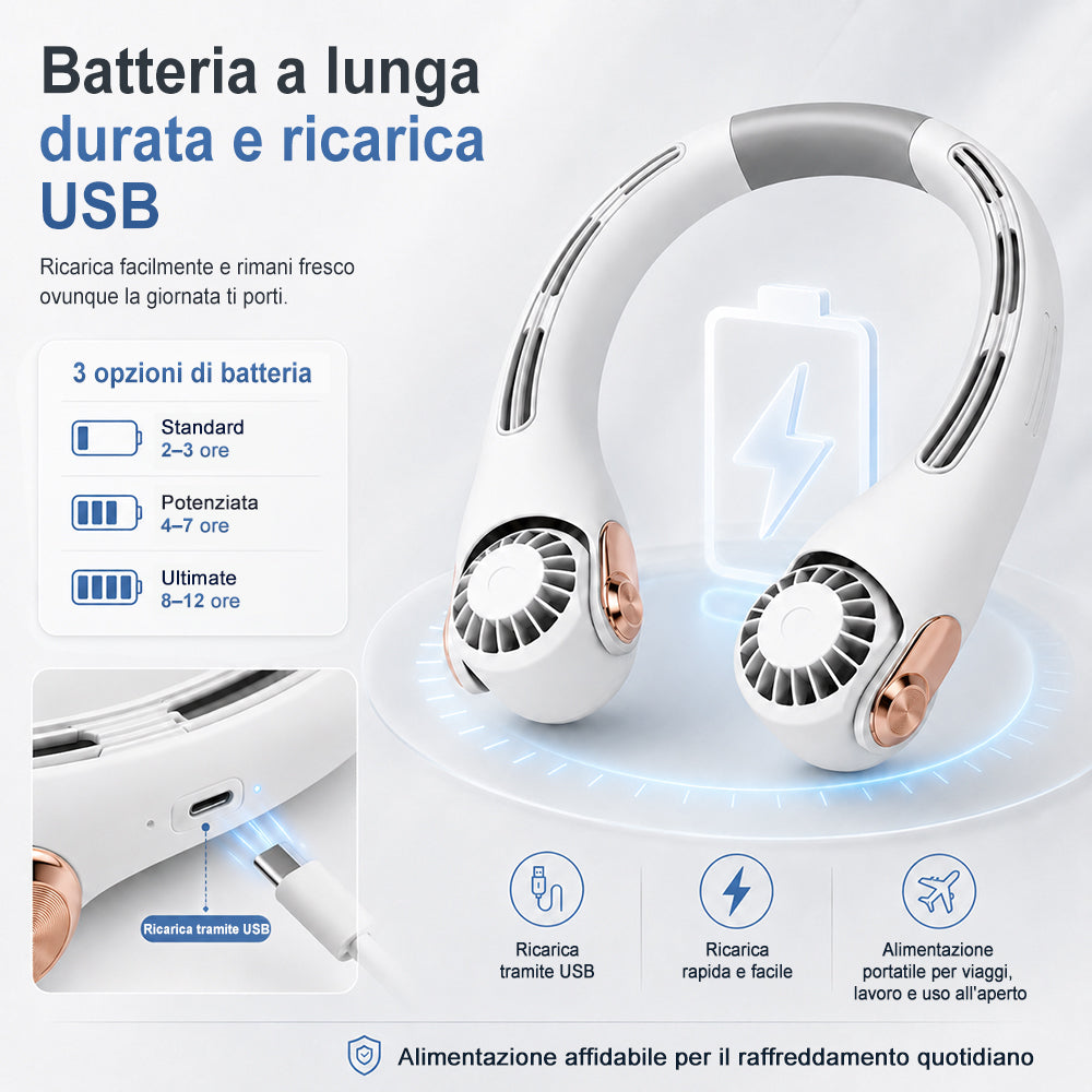 🍃 Ventilatore da Collo con Effetto Aria Condizionata – Ultra silenzioso, rotazione a 360°, 3 velocità. Raffrescamento a mani libere, batteria a lunga durata. L'accessorio indispensabile per l'estate!