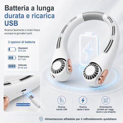 🍃 Ventilatore da Collo con Effetto Aria Condizionata – Ultra silenzioso, rotazione a 360°, 3 velocità. Raffrescamento a mani libere, batteria a lunga durata. L'accessorio indispensabile per l'estate!