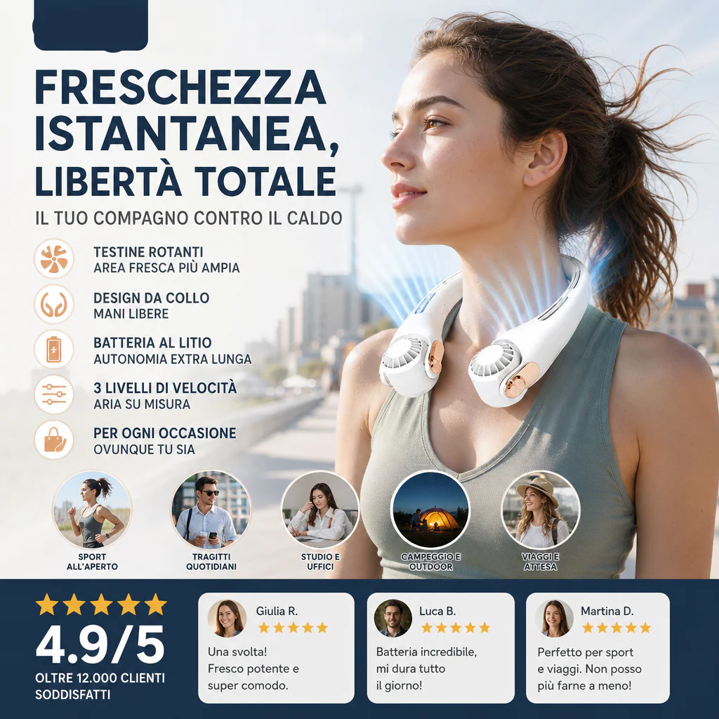 🍃 Ventilatore da Collo con Effetto Aria Condizionata – Ultra silenzioso, rotazione a 360°, 3 velocità. Raffrescamento a mani libere, batteria a lunga durata. L'accessorio indispensabile per l'estate!