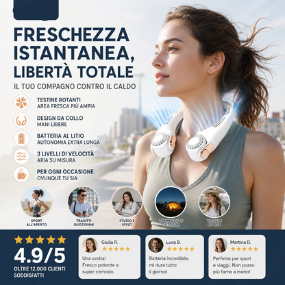 🍃 Ventilatore da Collo con Effetto Aria Condizionata – Ultra silenzioso, rotazione a 360°, 3 velocità. Raffrescamento a mani libere, batteria a lunga durata. L'accessorio indispensabile per l'estate!