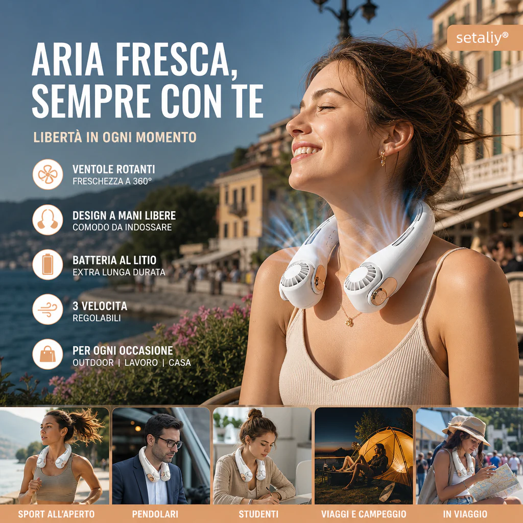 🍃 Ventilatore da Collo con Effetto Aria Condizionata – Ultra silenzioso, rotazione a 360°, 3 velocità. Raffrescamento a mani libere, batteria a lunga durata. L'accessorio indispensabile per l'estate!