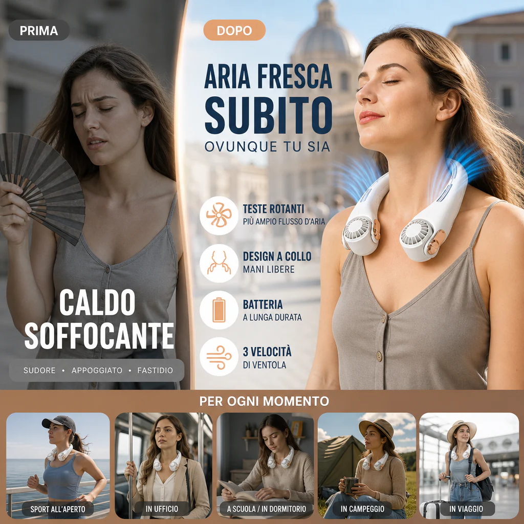 🍃 Ventilatore da Collo con Effetto Aria Condizionata – Ultra silenzioso, rotazione a 360°, 3 velocità. Raffrescamento a mani libere, batteria a lunga durata. L'accessorio indispensabile per l'estate!